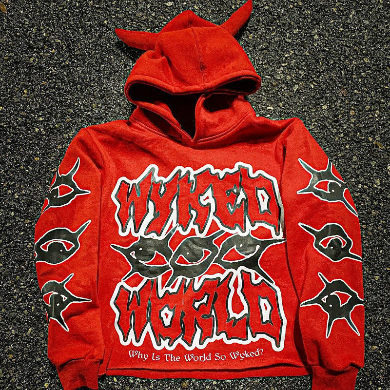 Y2K Chic Street Print Devil Horn Hoodie