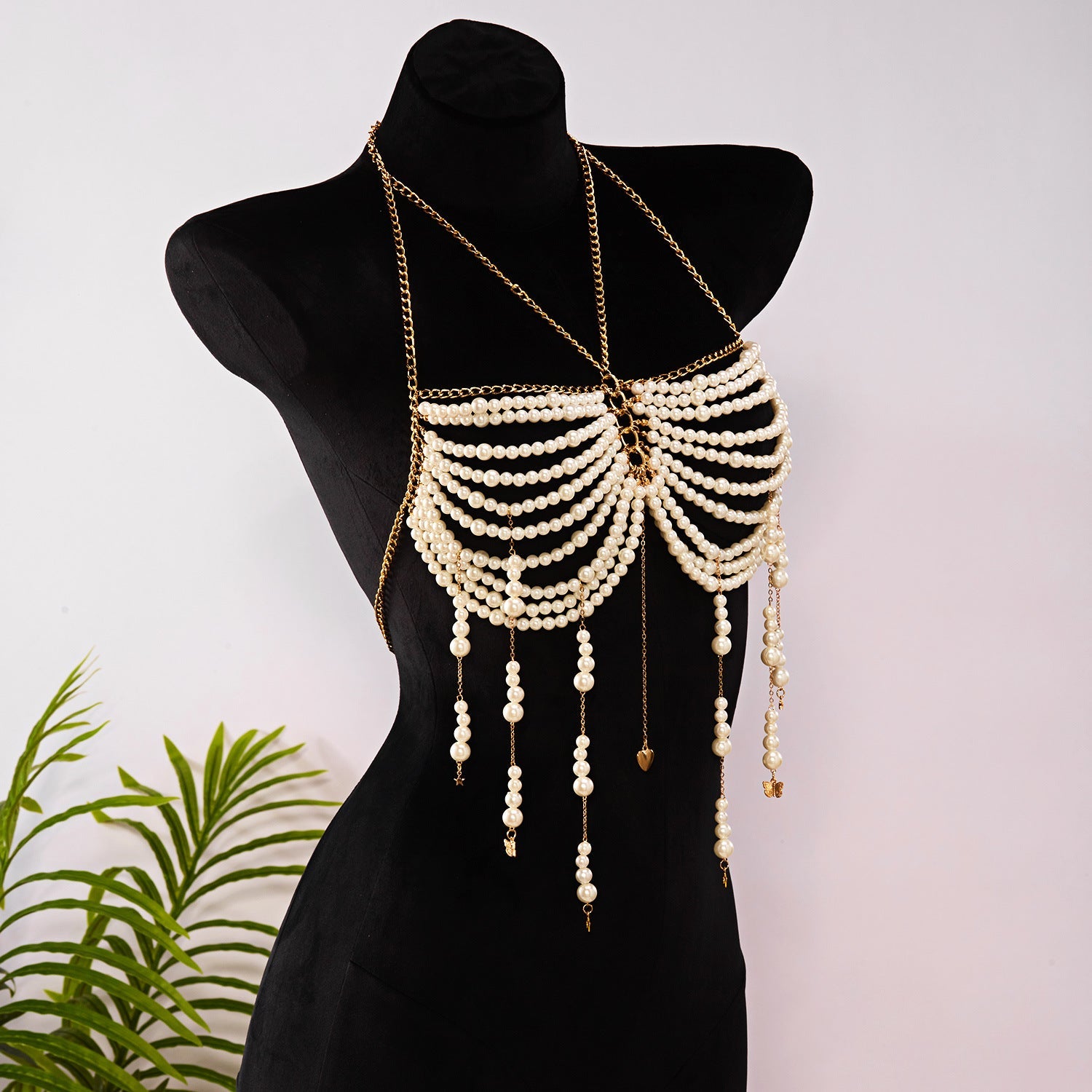 Catena per il corpo a collana con nappine e perline di perla a girocollo