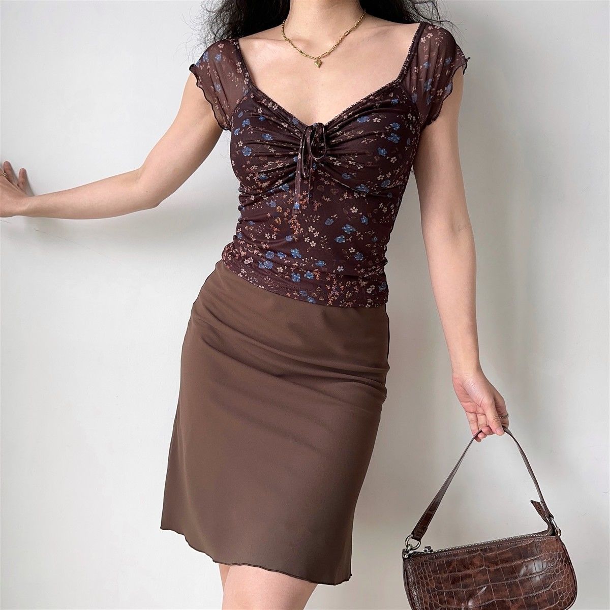 Ruched Floral V Neck Slim Sexy Blouse