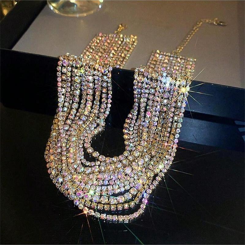 Collier écologique brillant à plusieurs rangées de strass
