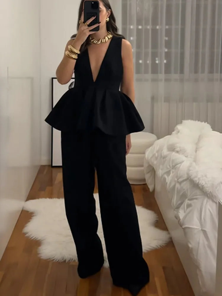 Ruffled Hem Deep V-neck Harem Office Two Piece Set