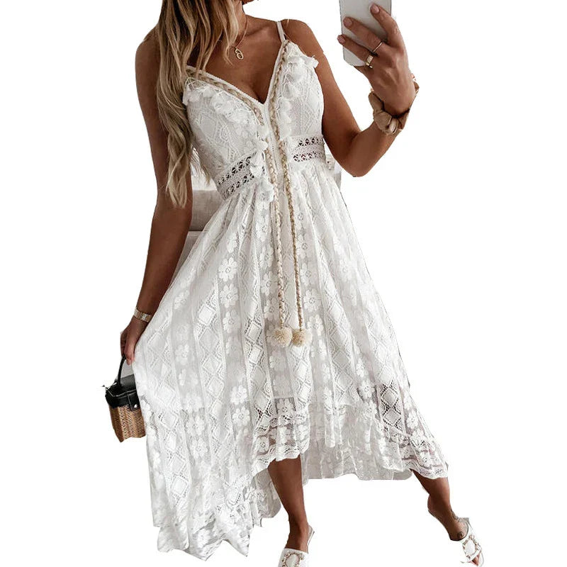 Vestido floral de verano nuevo con escote en V y tirantes de encaje