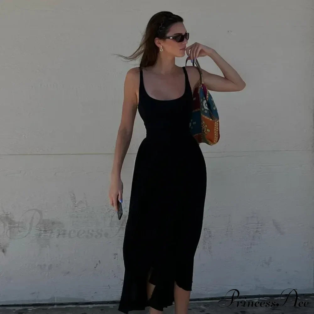 A Line Sleeveless O Neck Summer Casual Party Beach Club Midi Dress