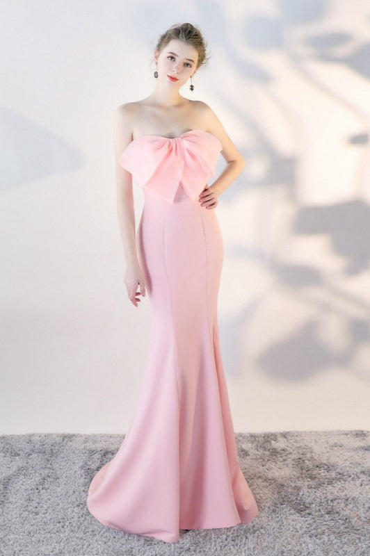 Vestido largo de fiesta sirena sin tirantes con lazo