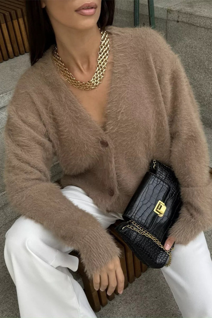 Weicher V-Ausschnitt-Strickjacke