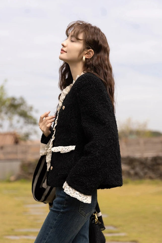 Retro Lace Splicing Wool Jacket
