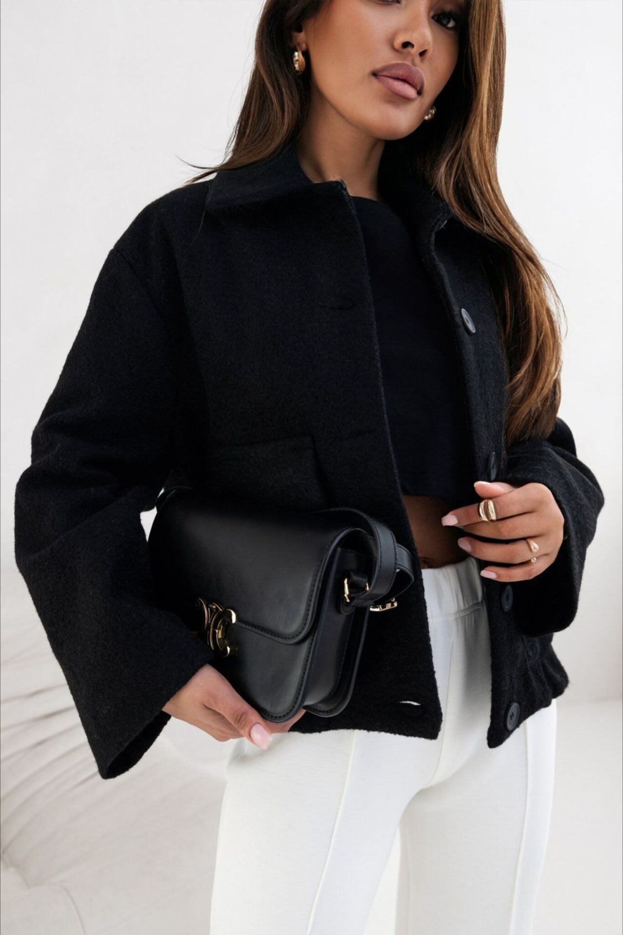 Abrigo de Lana Sólida a la Moda con Bolsillo, Elástico y Broche