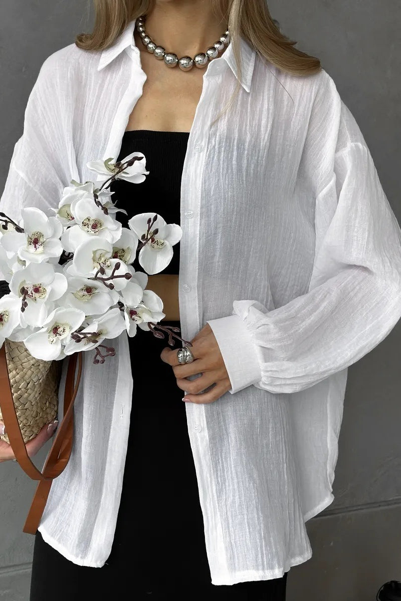 Blusa Casual Chic de Manga Longa e Cor Sólida