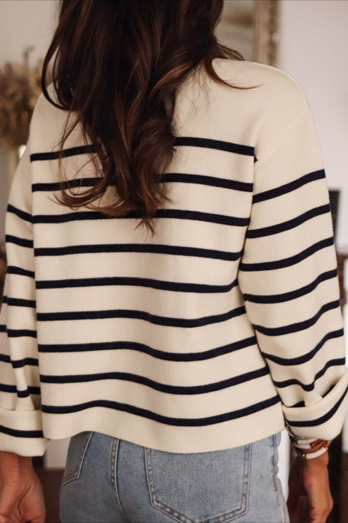 Stripe Button Long Sleeve Knit Blouse