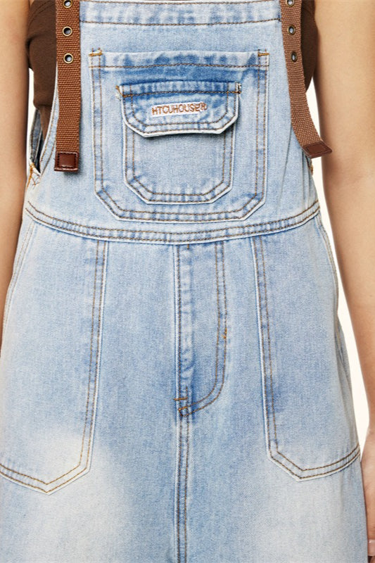 Washed Wide Leg Suspender Jeans