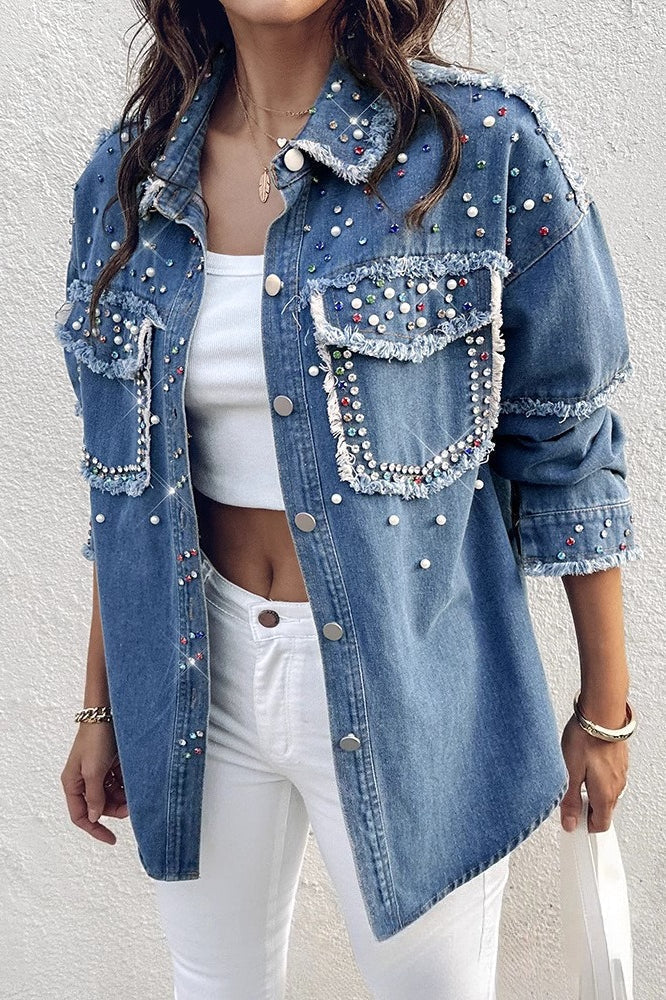 Beaded Contrast Denim Long Sleeve Coat