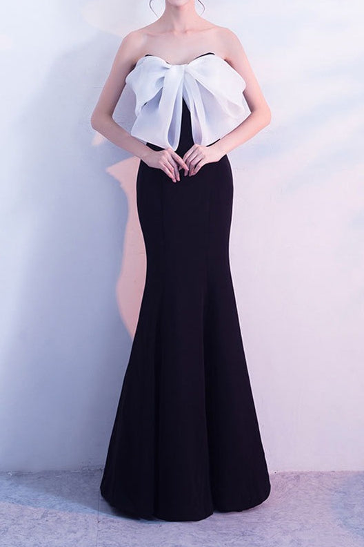 Vestido largo de fiesta sirena sin tirantes con lazo