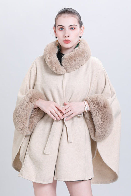 Fur Collar Tie Knitted Cardigan Loose Wool Blend Cape Coat