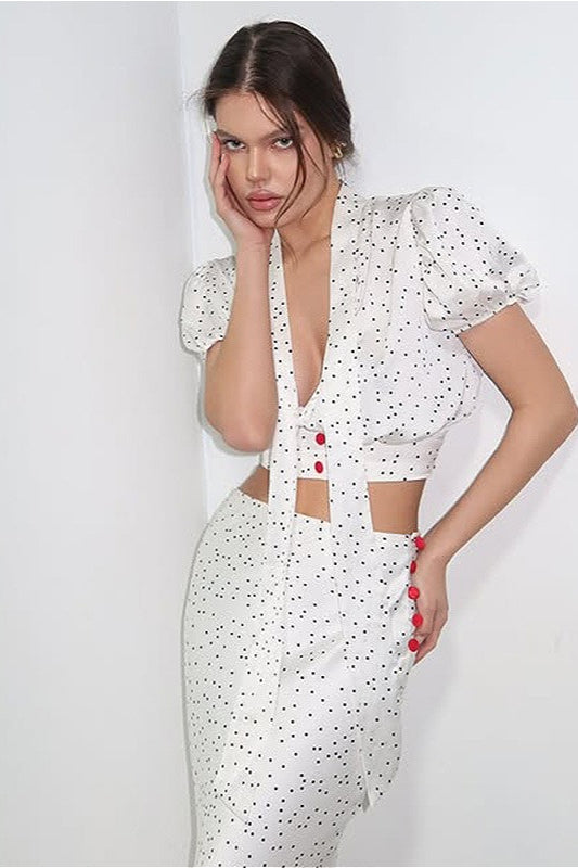 Completo Due Pezzi Lungo a Pois con Scollo a V