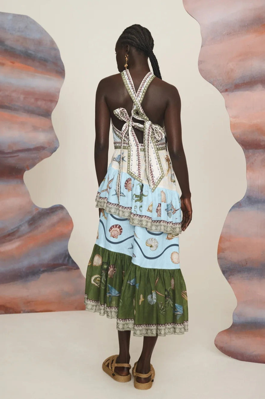 Volnočasové módní lněné midi šaty s tenkými ramínky a vícevrstvým střihem