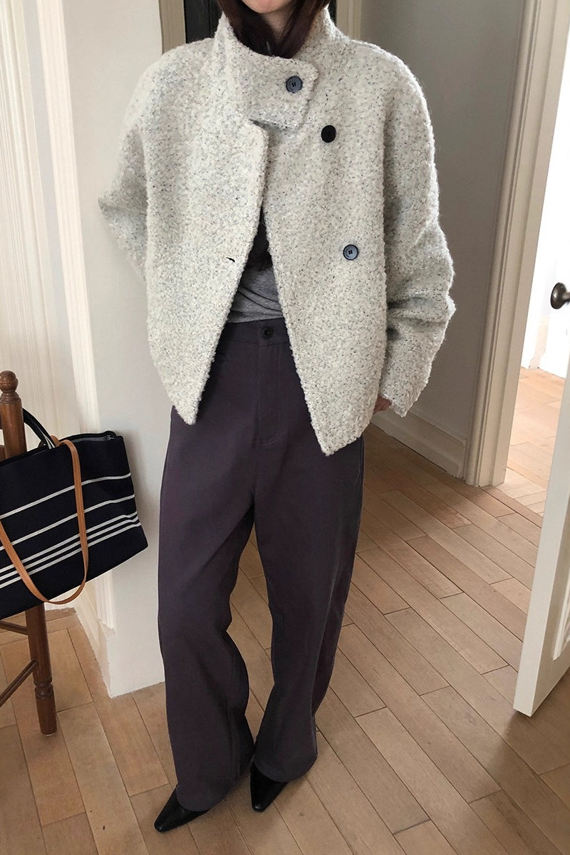 Casaco Moderno de Lã Doce, Solto com Fecho de Pressão