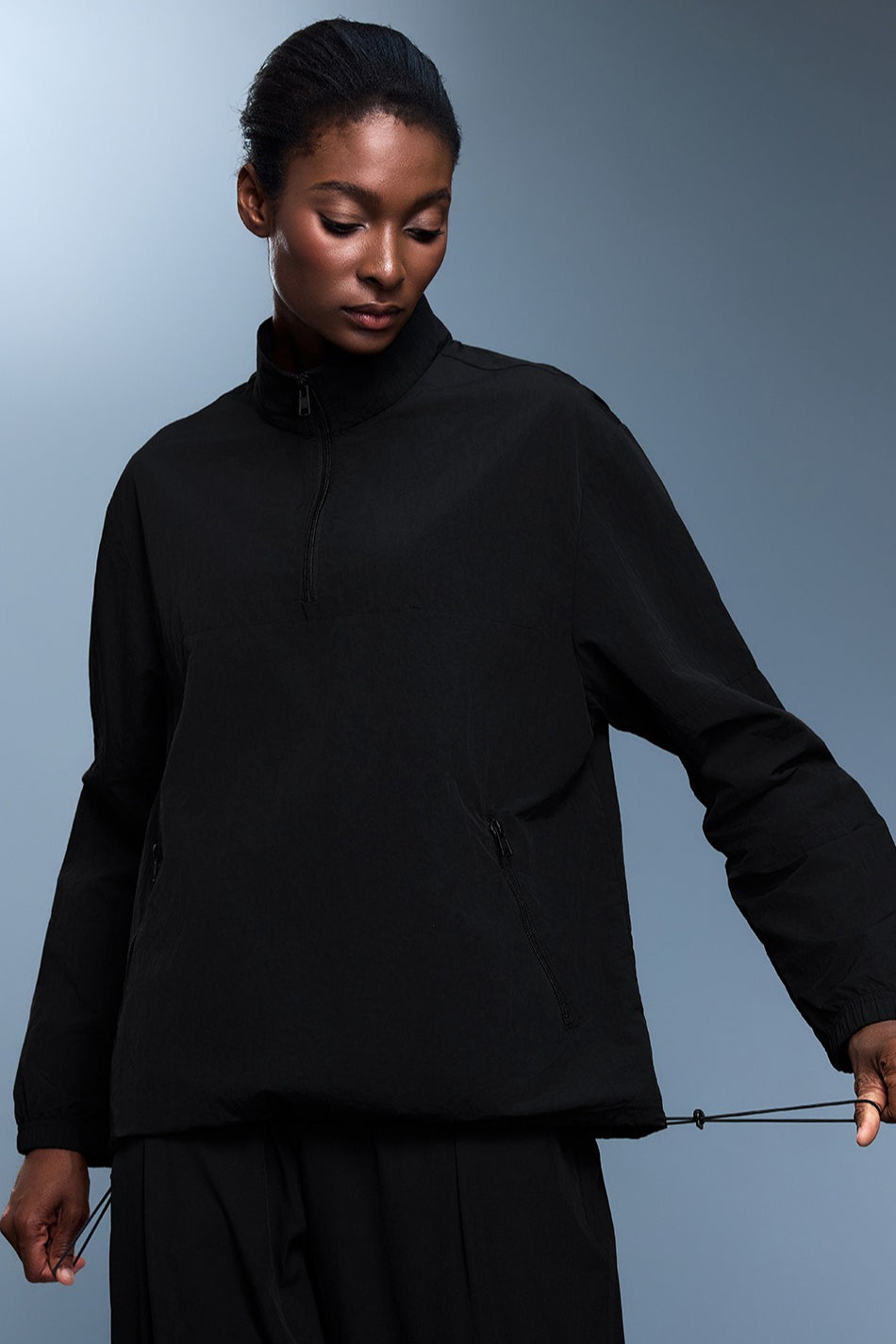 Sweat-shirt ample uni à demi-fermeture éclair sportif