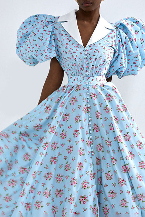 Kleid mit Puffärmeln, Kragen, hoher Taille, Knopfleiste und A-Linie mit Blumenmuster