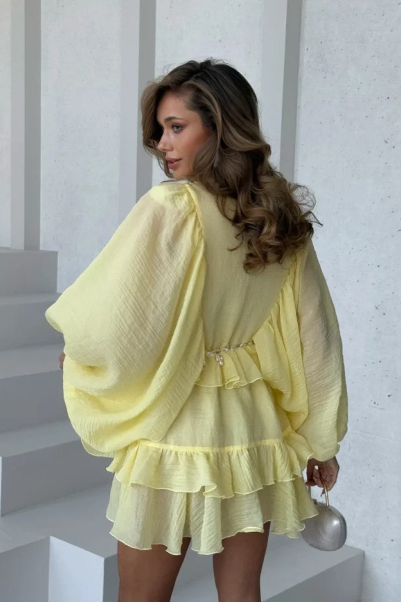 Round Neck Button Ruffle Bell Sleeve Mini Dress