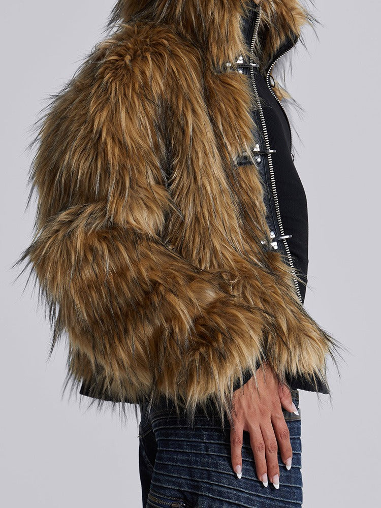 Manteau ample avec bouton métallique, fermeture éclair, fourrure et panneau en cuir
