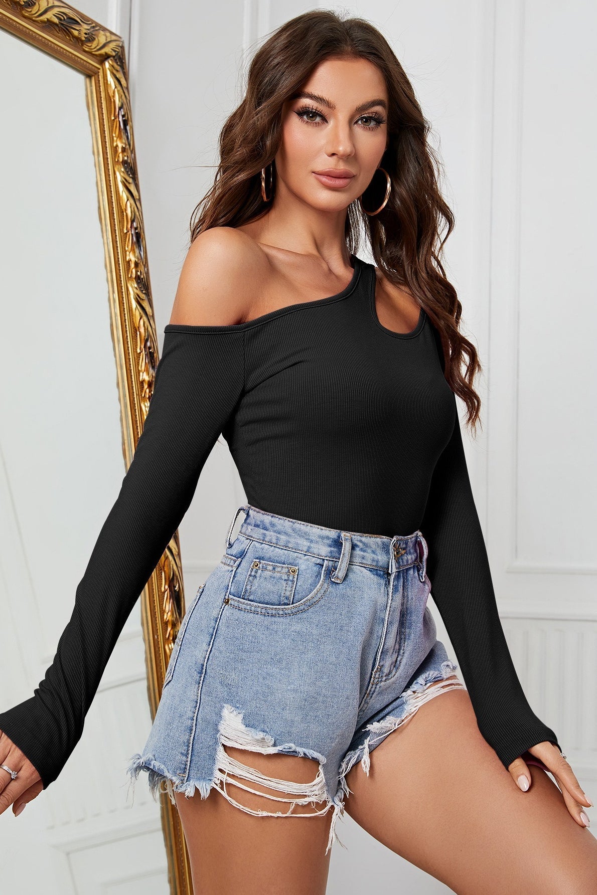 Schräger Ausschnitt Enganliegendes Strickoberteil