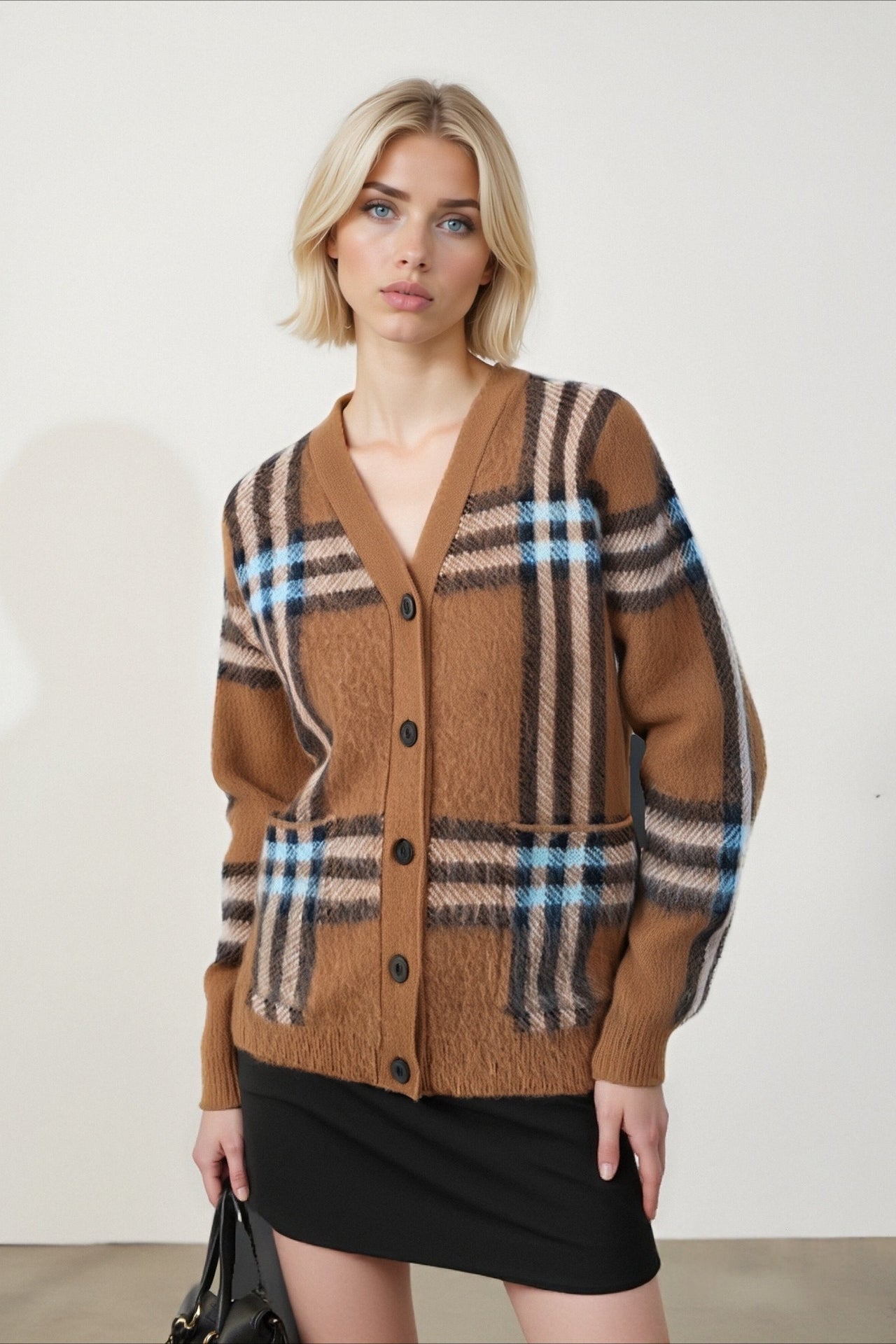Plaid Retro Loose Plus Size V Neck Knit Cardigan
