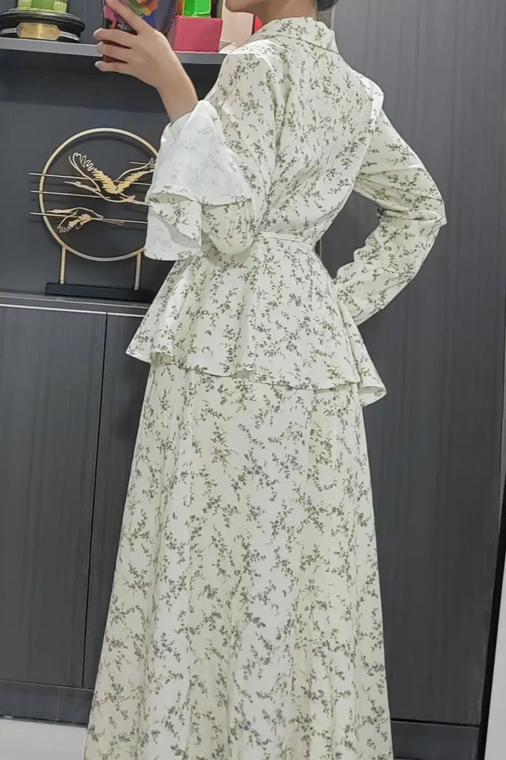 Long Sleeve Small Floral Waist Cinch Top Midi Skirt Two Piece Set