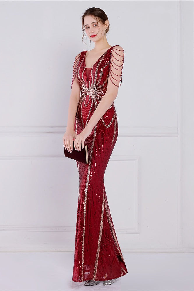 Vestido de fiesta sirena con lentejuelas y flores de cuentas