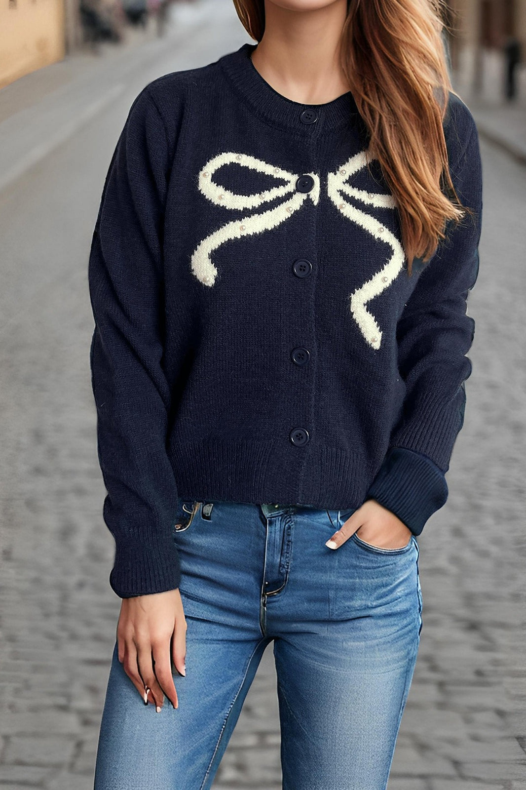 Cárdigan redondo de jacquard con lazo sólido