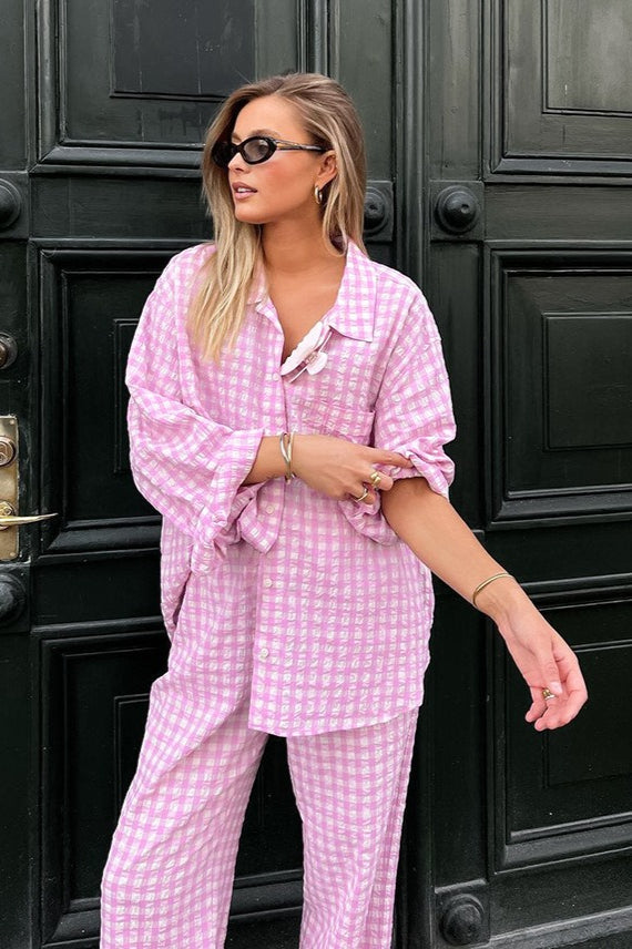 Completo casual largo a due pezzi a quadri rosa