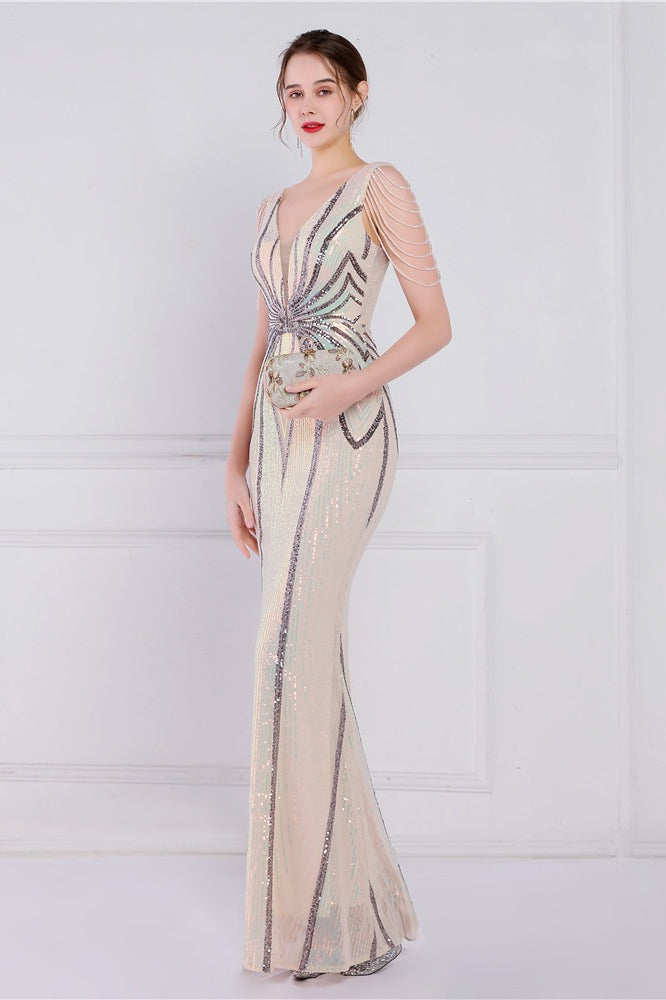 Vestido de fiesta sirena con lentejuelas y flores de cuentas