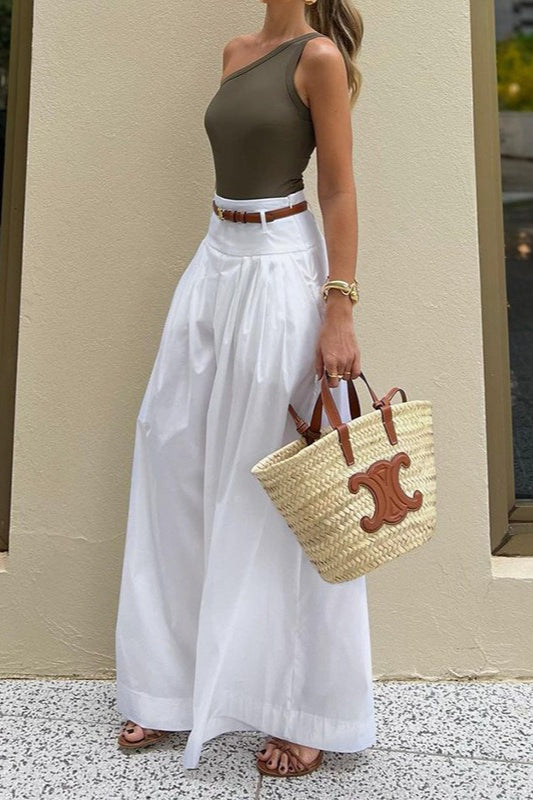 Solid Ruched High-Waisted Wide-Leg Pants