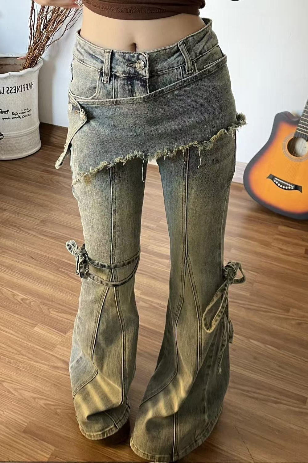 Vintage Fake Two Piece Bootcut Tie Waist Jeans