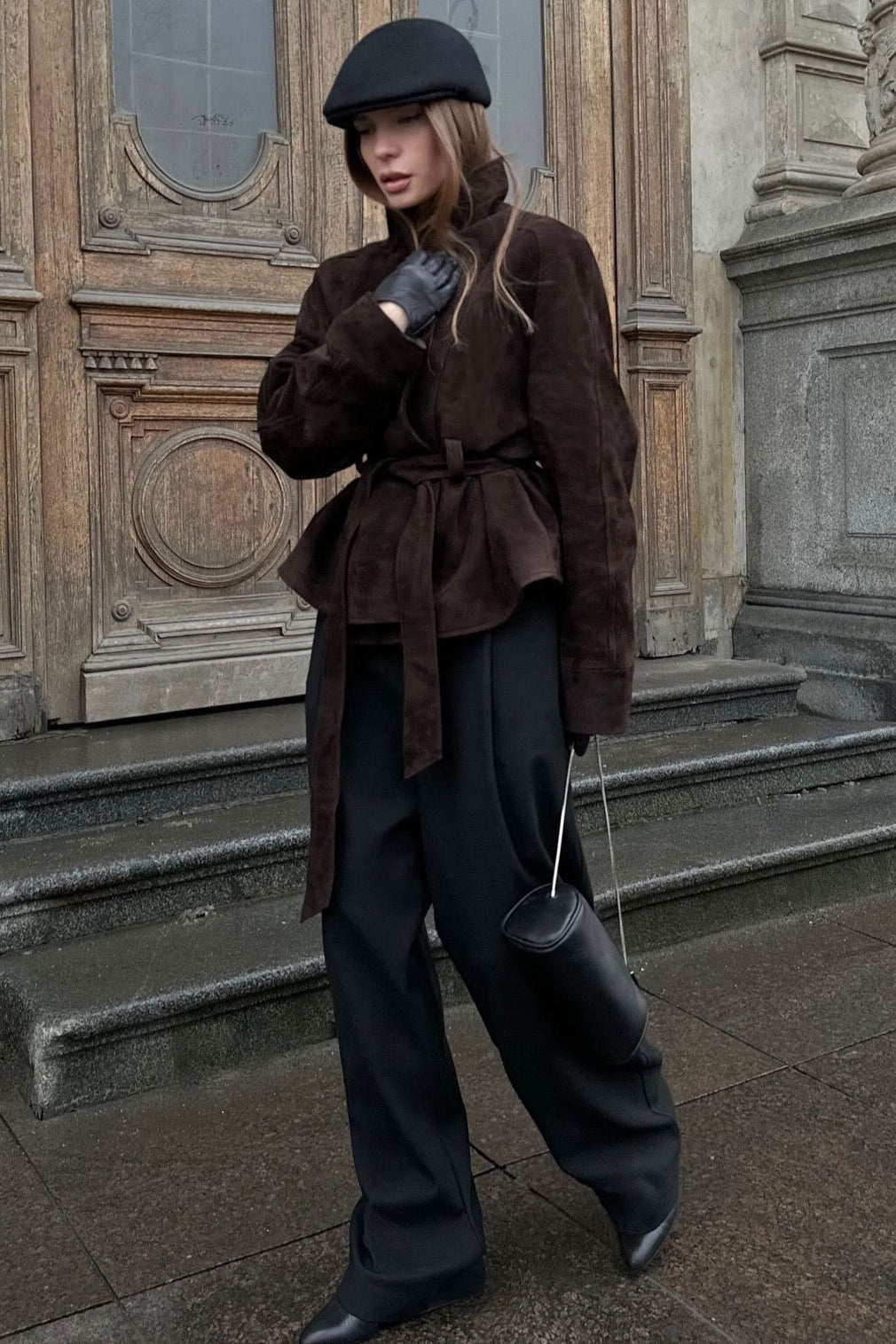 Giacca vintage in pelle scamosciata a maniche lunghe