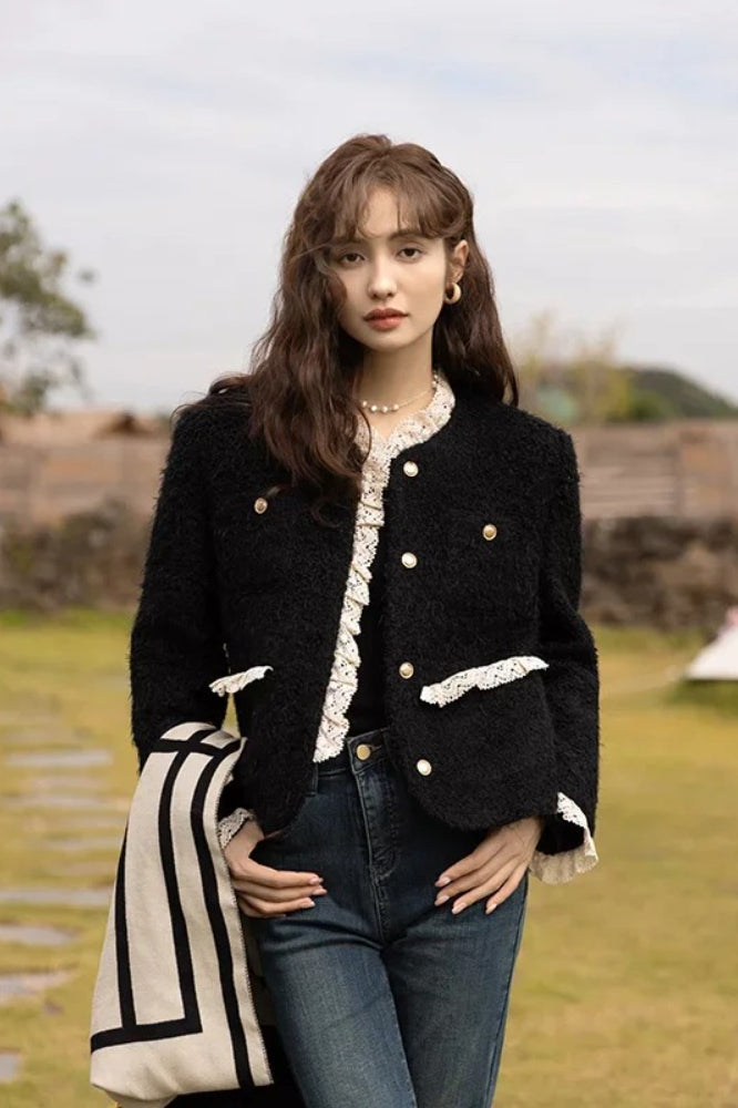 Retro Lace Splicing Wool Jacket