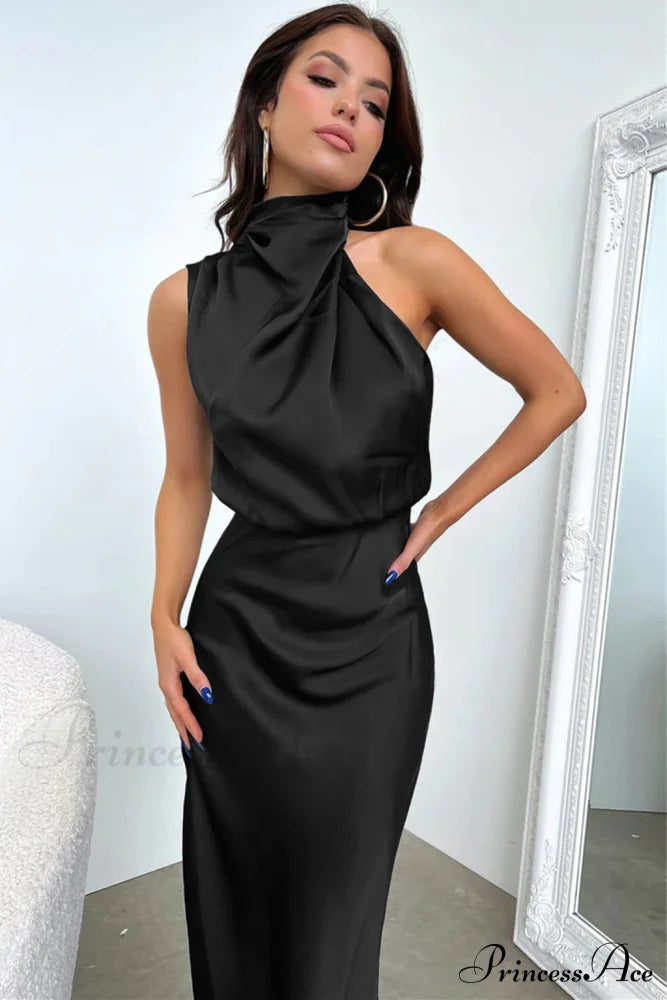 Robe midi charmante en satin extensible à manches longues Addison