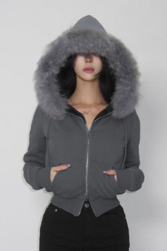 Fur Trim Hooded Zip Waist Jacket