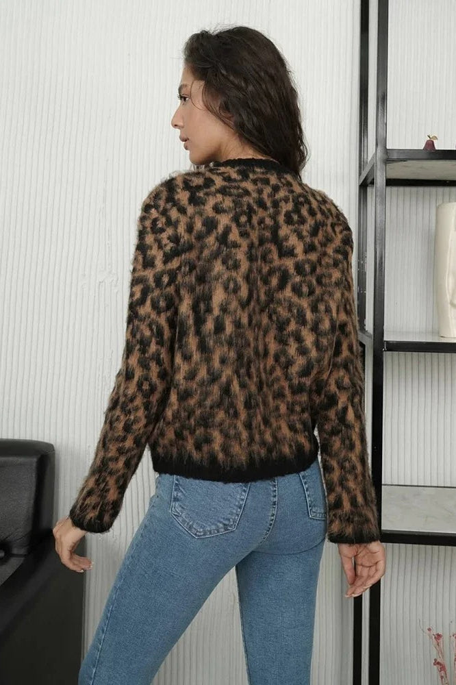 Leopard Knit Button-Up Cardigan