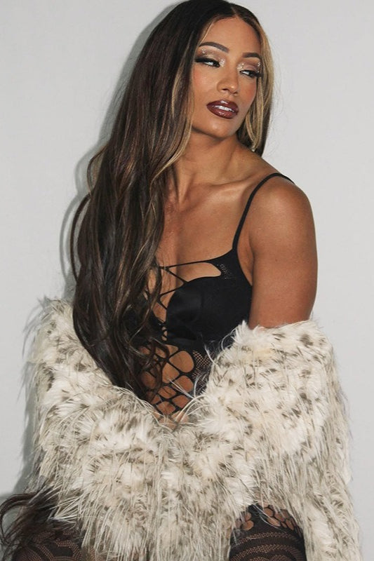 Manteau ajusté à col en fourrure longue imprimé léopard