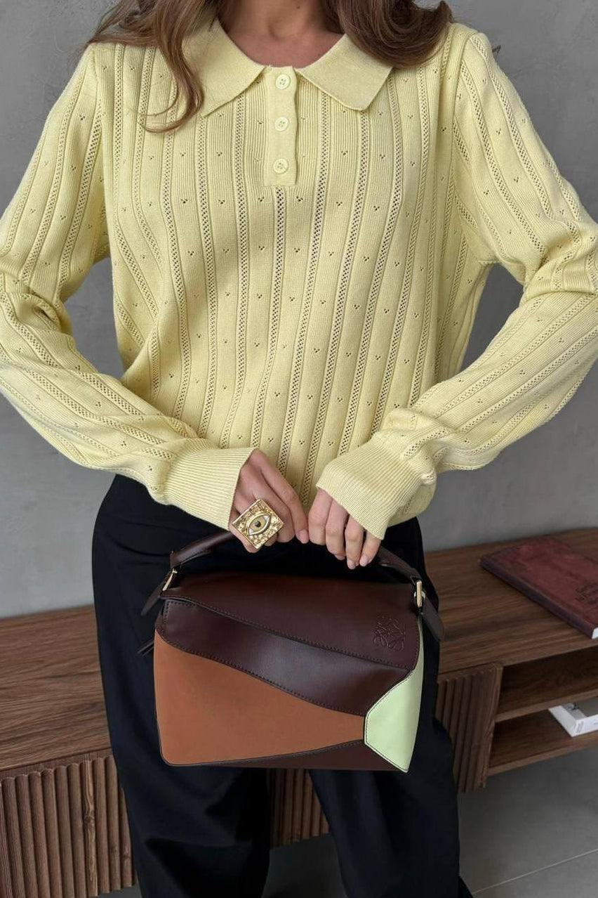 Jacquard Polo Collar Long Sleeve Loose Blouse