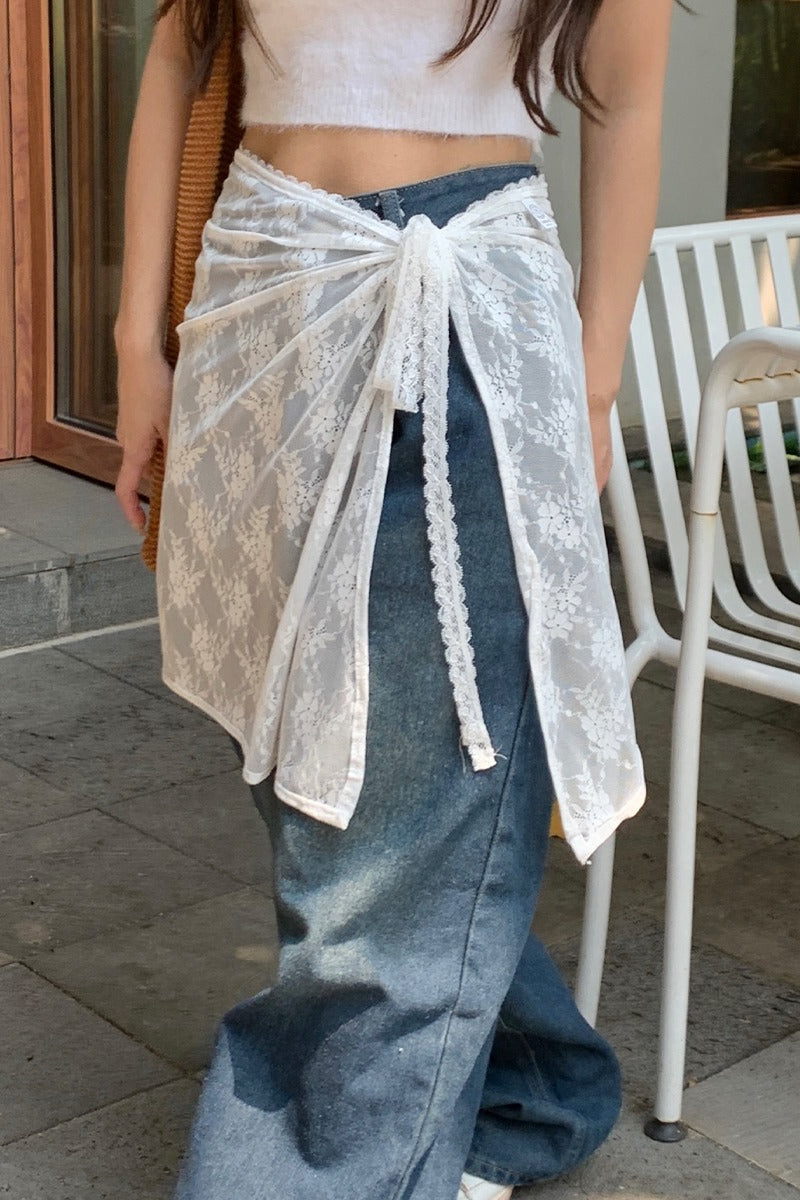 Weißer Spitzen-Schürzenrock mit Bindeband Vielseitiger Halber Rock