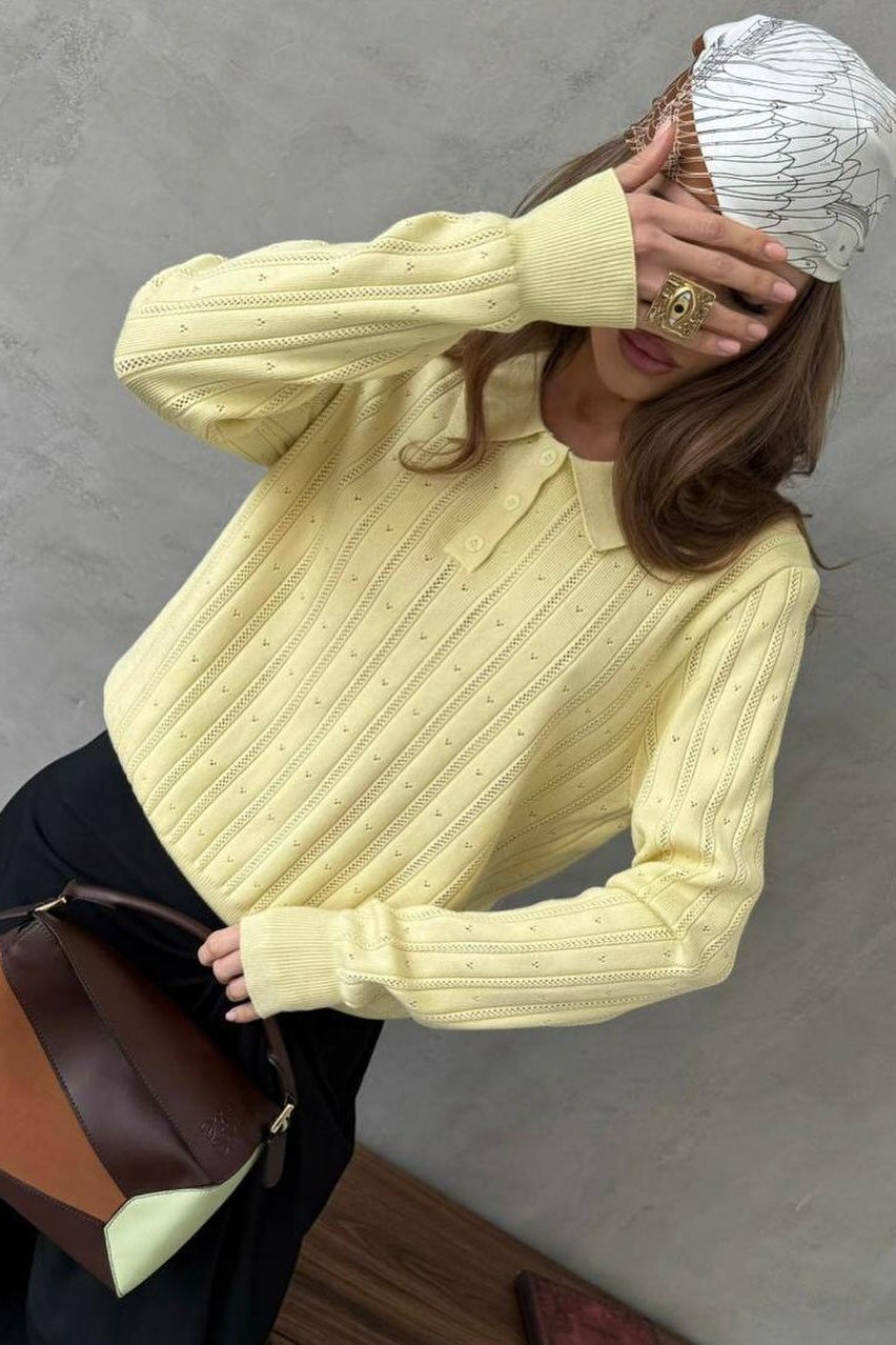 Jacquard Polo Collar Long Sleeve Loose Blouse