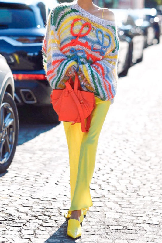 Blusa Pulôver Solta de Tricô com Listras Coloridas