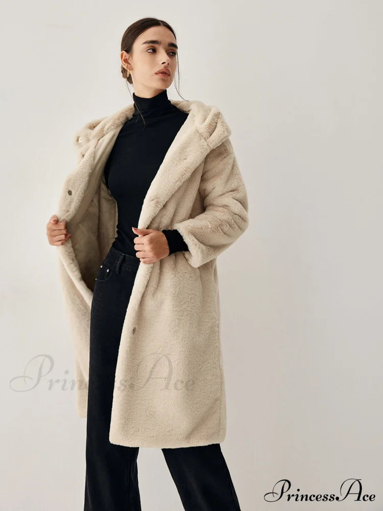Apricot Faux Fur Trendy Hooded Longline Coat
