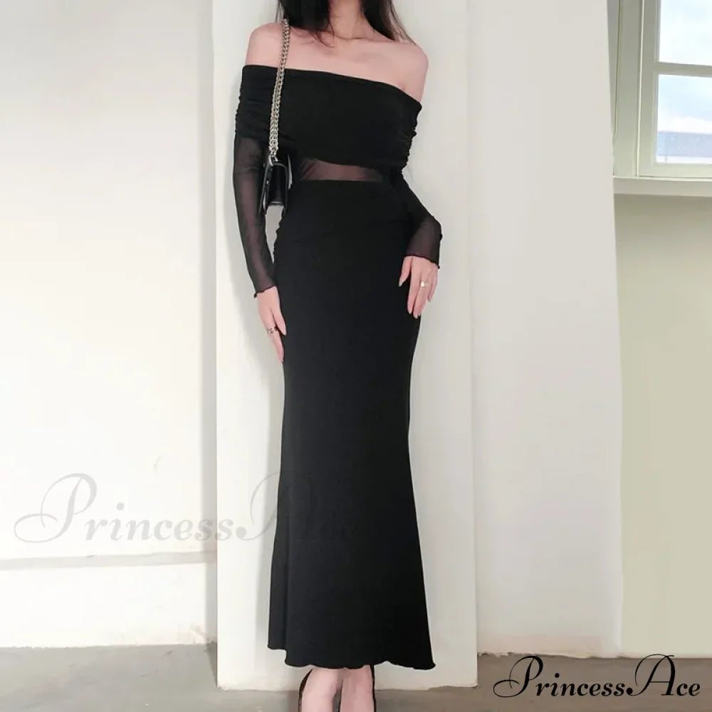 Vestido largo ajustado de calle para club, sin tirantes, con encaje negro y parches, estilo sexy de otoño