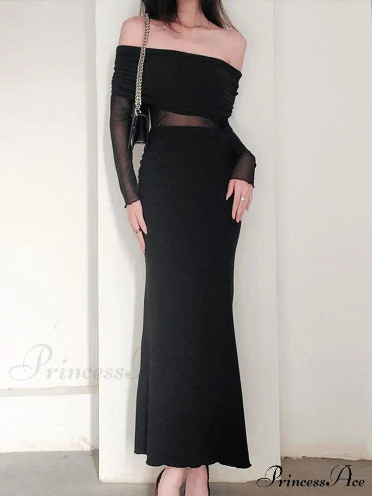 Vestido largo ajustado de calle para club, sin tirantes, con encaje negro y parches, estilo sexy de otoño