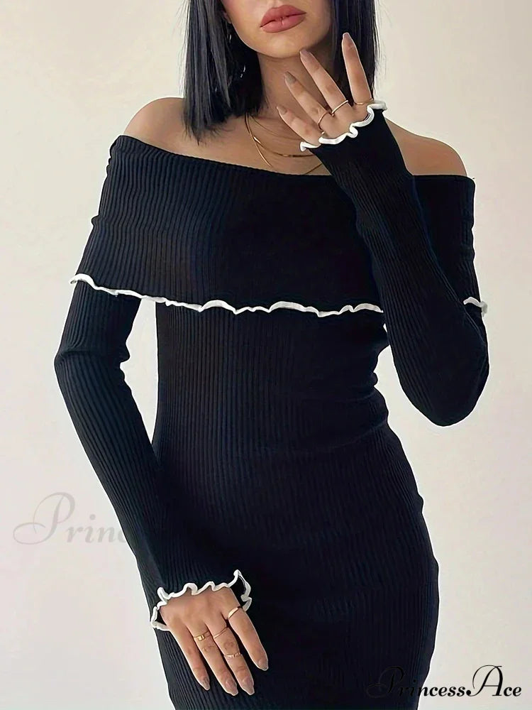 Autumn Winter Black Long Slash Neck Straight Elegant Party Clubwear Bodycon Dress