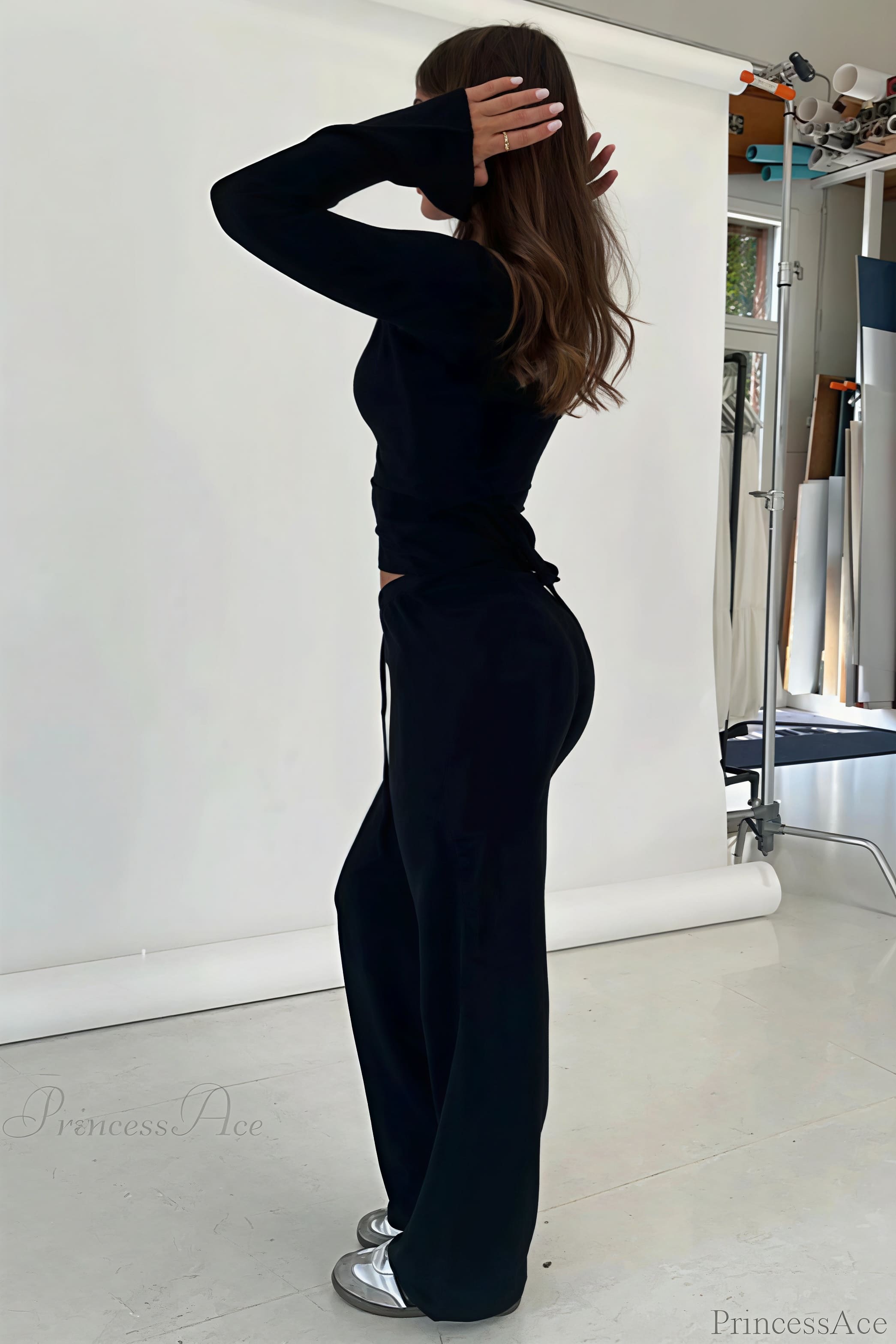 Conjunto de dos piezas: blusa ajustada sexy con escote en V estilo año 2000 y pantalones casuales