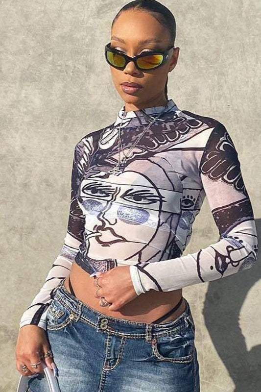 Sexy Sheer Mesh Print Round Neck Long Sleeve Blouse