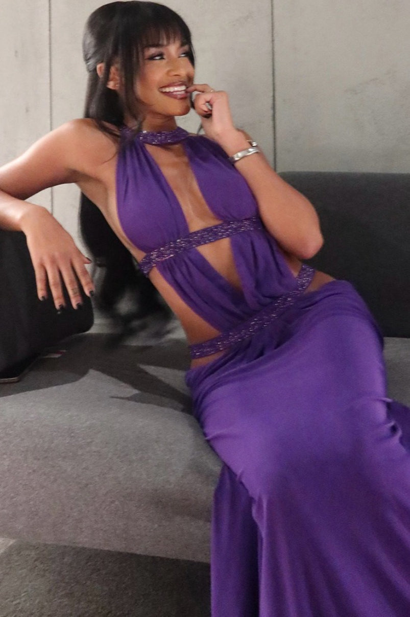 Elegantes sexy Maxikleid mit Ausschnitten, strassbesetzt und rückenfrei